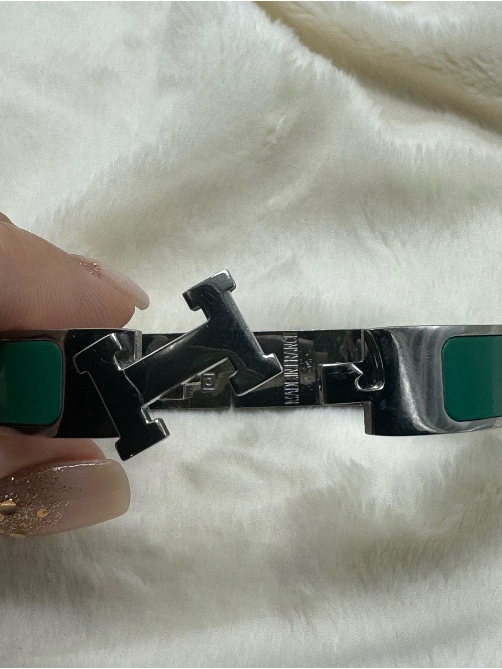 Silver Tone Green Enamel Stainless Steel Bangle Bracelet - Picture 5 of 7